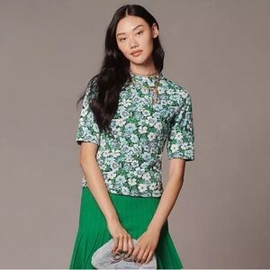 Maeve By Anthropologie Jacquard Floral Cottegecore Mock Neck Short Sleeve Blouse